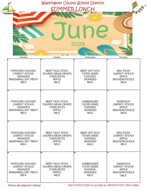 June Summer Lunch Menu Flyer.