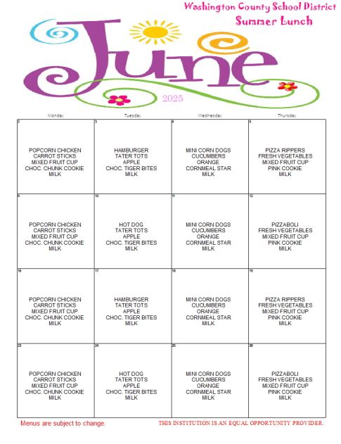June Summer Lunch Menu Flyer.