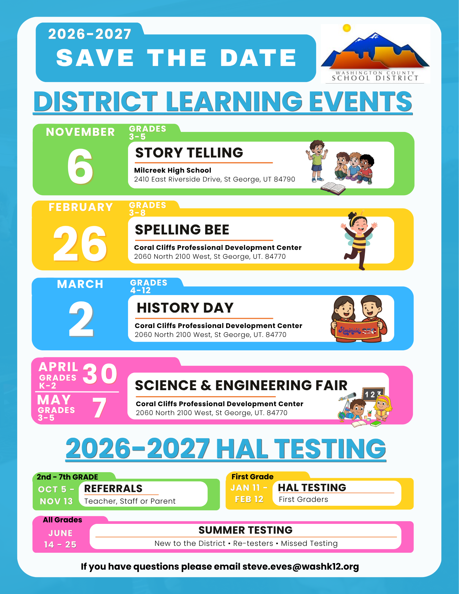 Storytelling festival in November, geography challenge in December, history day  in March, spelling bee in February, history day in March, science fair in May