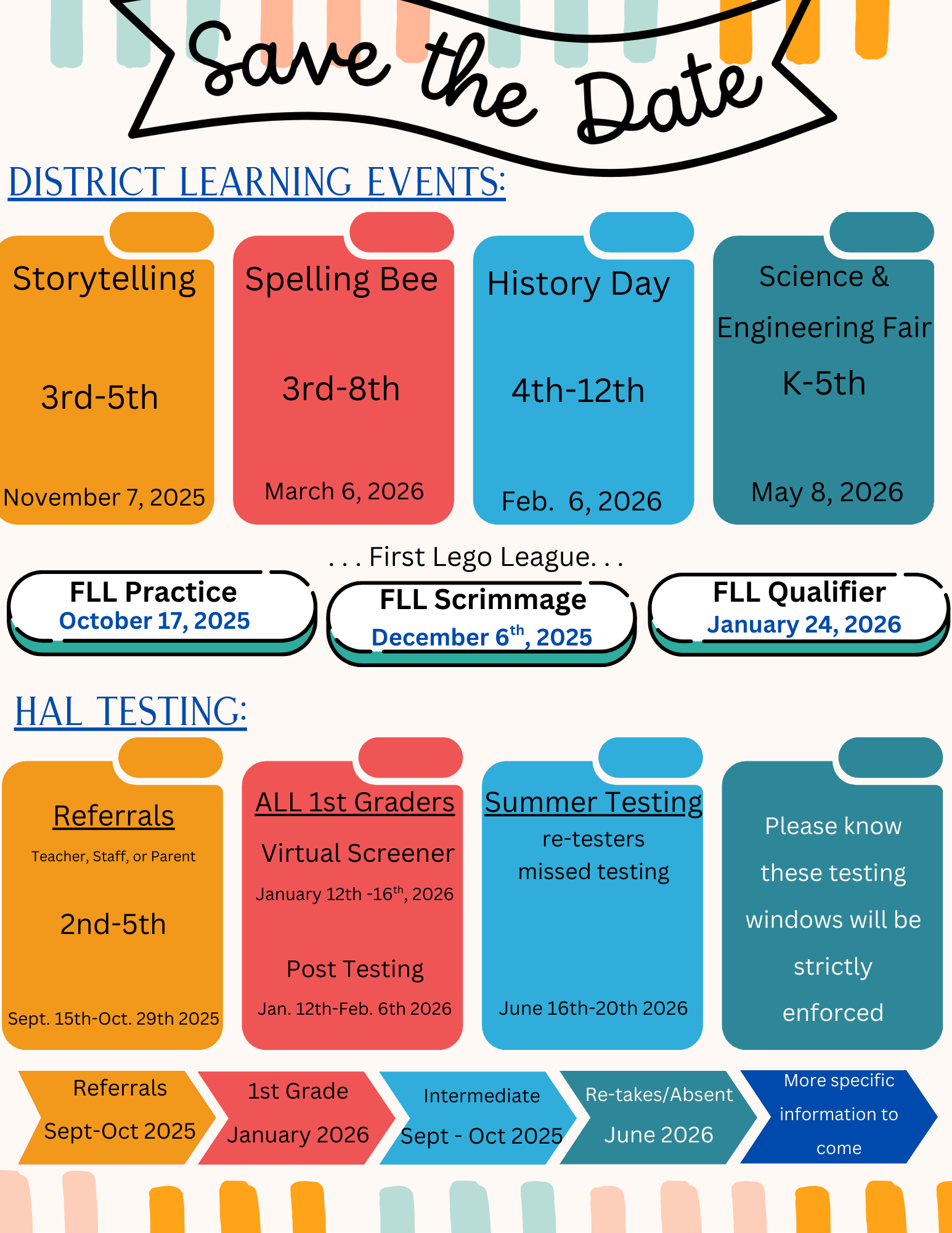 Storytelling festival in November, geography challenge in December, history day  in March, spelling bee in February, history day in March, science fair in May