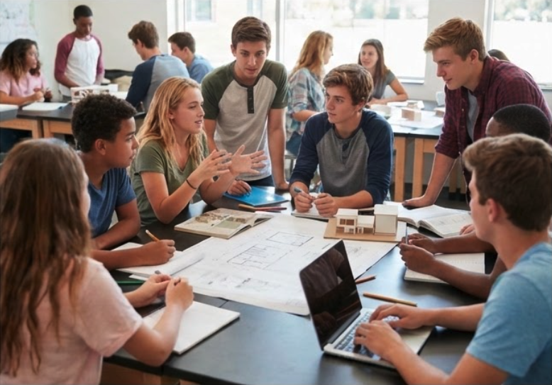 A diverse group of high school students is gathered around a large table in a bright classroom, collaborating on an architectural project. In the center of the table is a detailed floor plan and a small white 3D model of a house. One student is gesturing while explaining an idea to her peers, while another uses a laptop and others take notes or observe the plans. The atmosphere is focused and collaborative.