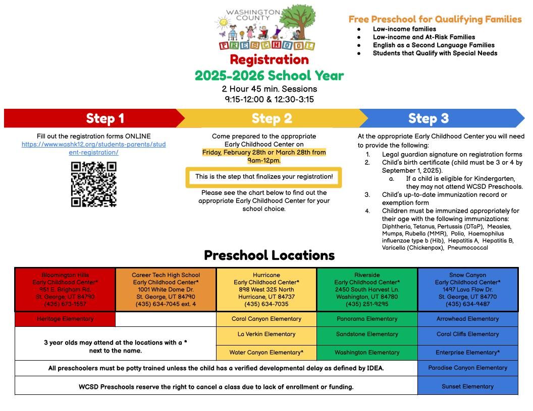Preschool Registration 2025-2026 school year flyer information.