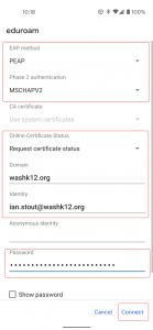 Check EAP Method plus online certificate status and enter password.