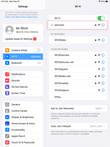 Shows that Eduroam is now connected.