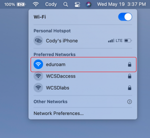 Eduroam now connected verification screen.