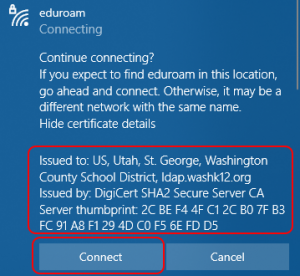 Verification screen for eduroam connection.